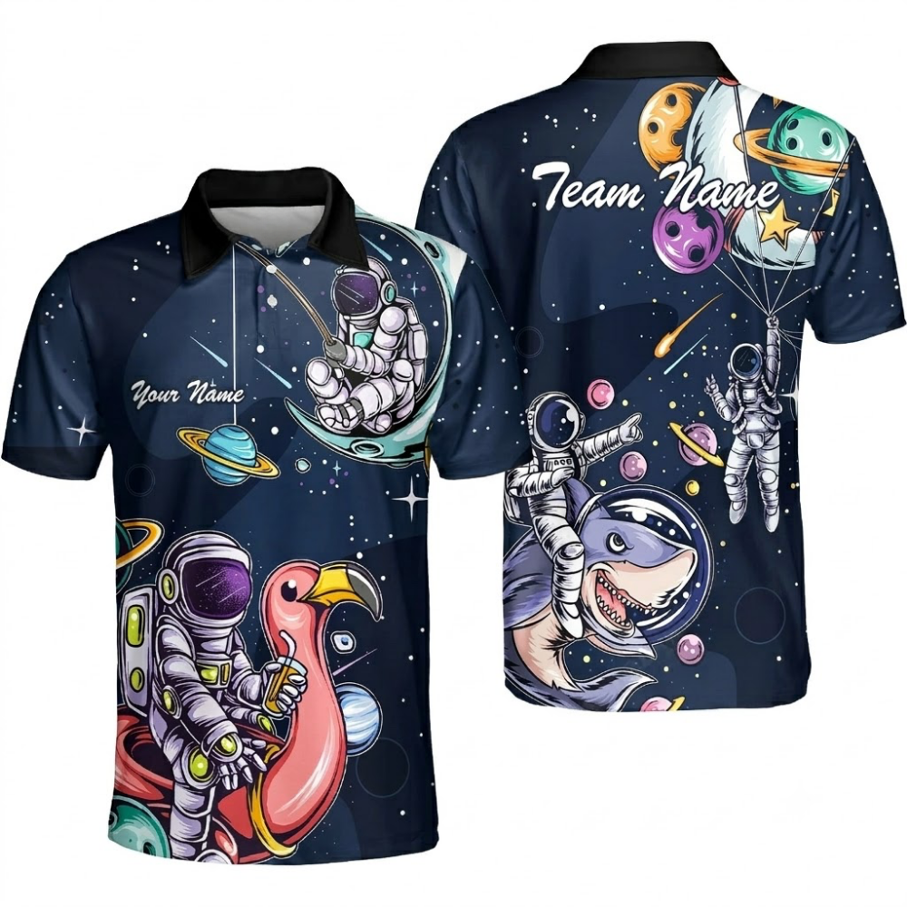 Custom Astronaut Bowling Mens Polo Shirt, Space Lover Custom Team Bowling Shirts BZ0495