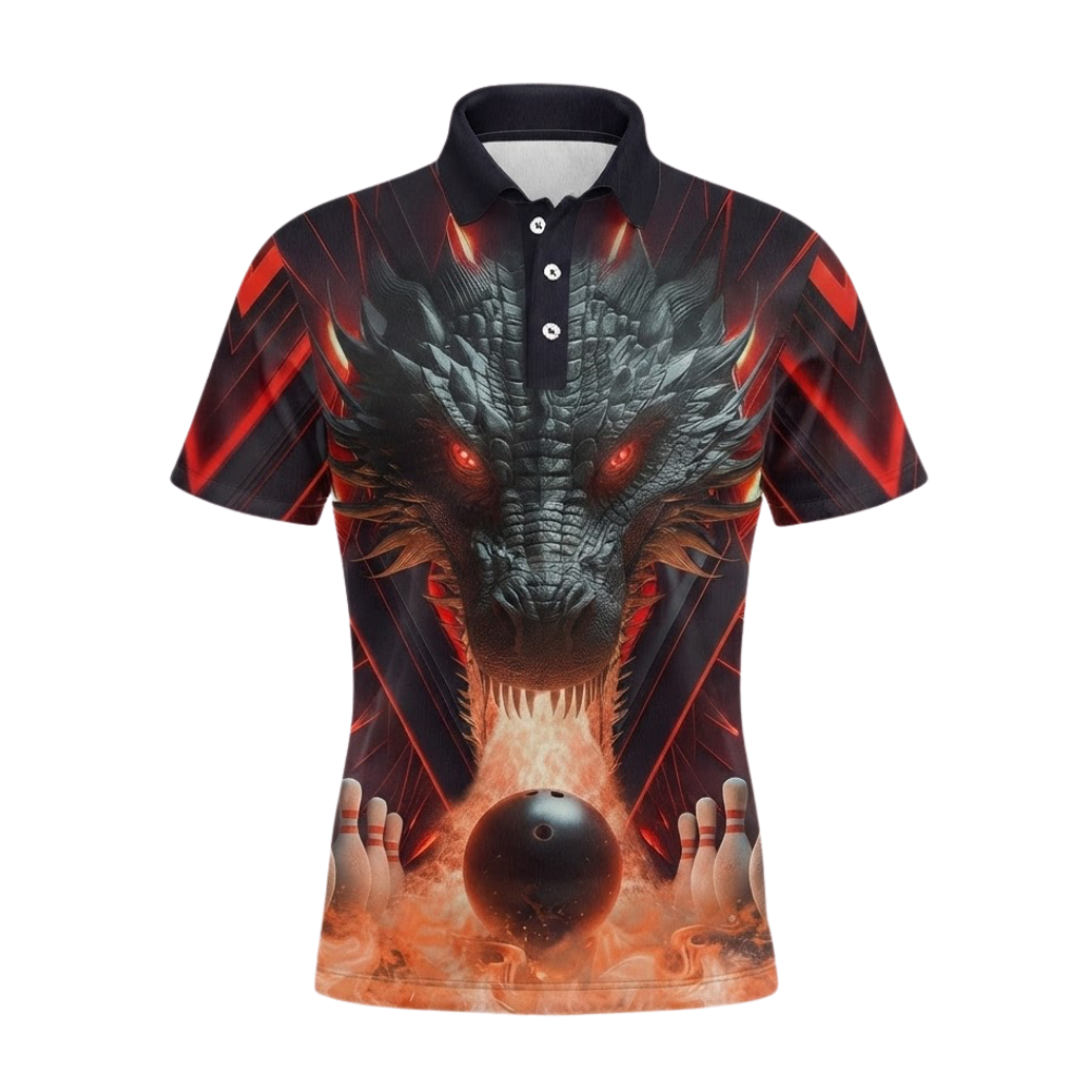 Custom Dragon Flame Mens Bowling Polo Shirt Black Red, Custom Dragon Bowling Shirts For Team BZ0594