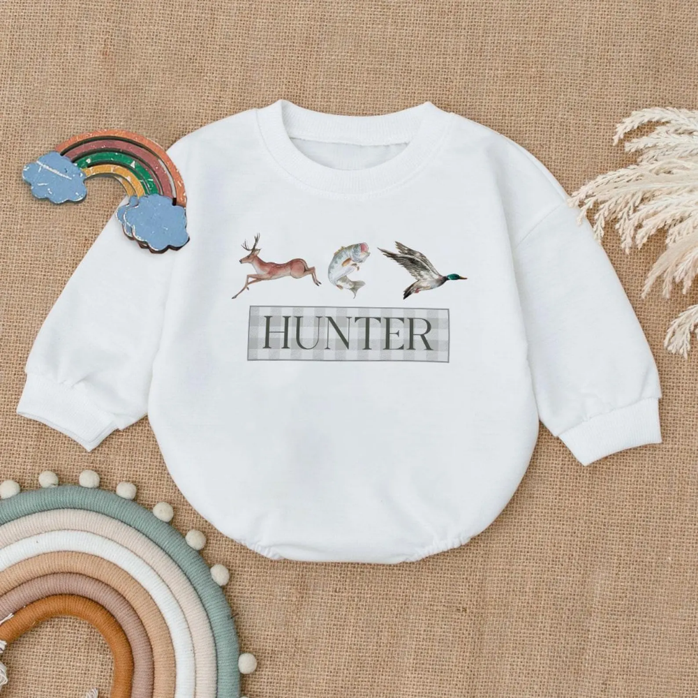 Deer Duck Fish Hunter Baby Romper Sweatshirt, Baby Hunting Romper Sweatshirt BB0121
