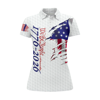 Women's We The People 1776-2026 White Grunge American Flag Golf Polo Shirt, Fourth Of July Golf Shirt For Ladies GZ0296