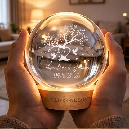 One Life One Love Custom Tree Heart Crystal Ball Led Night Light With Couple Name, Custom Wedding Led Night Light WD0820