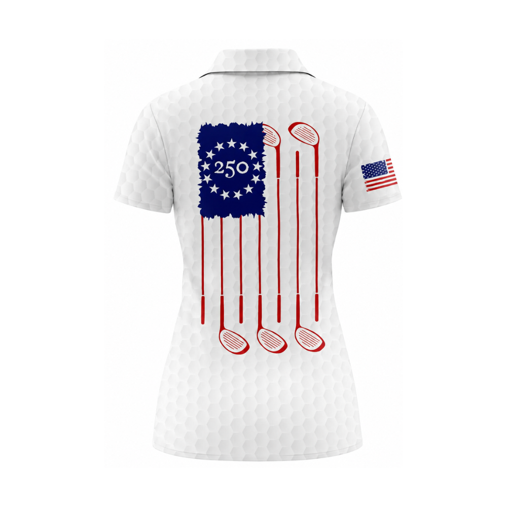 Women's We The People 1776-2026 White Grunge American Flag Golf Polo Shirt, Fourth Of July Golf Shirt For Ladies GZ0296