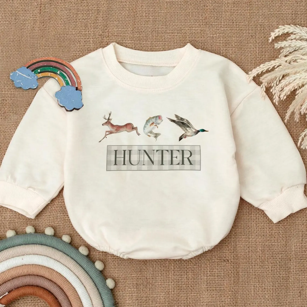 Deer Duck Fish Hunter Baby Romper Sweatshirt, Baby Hunting Romper Sweatshirt BB0121