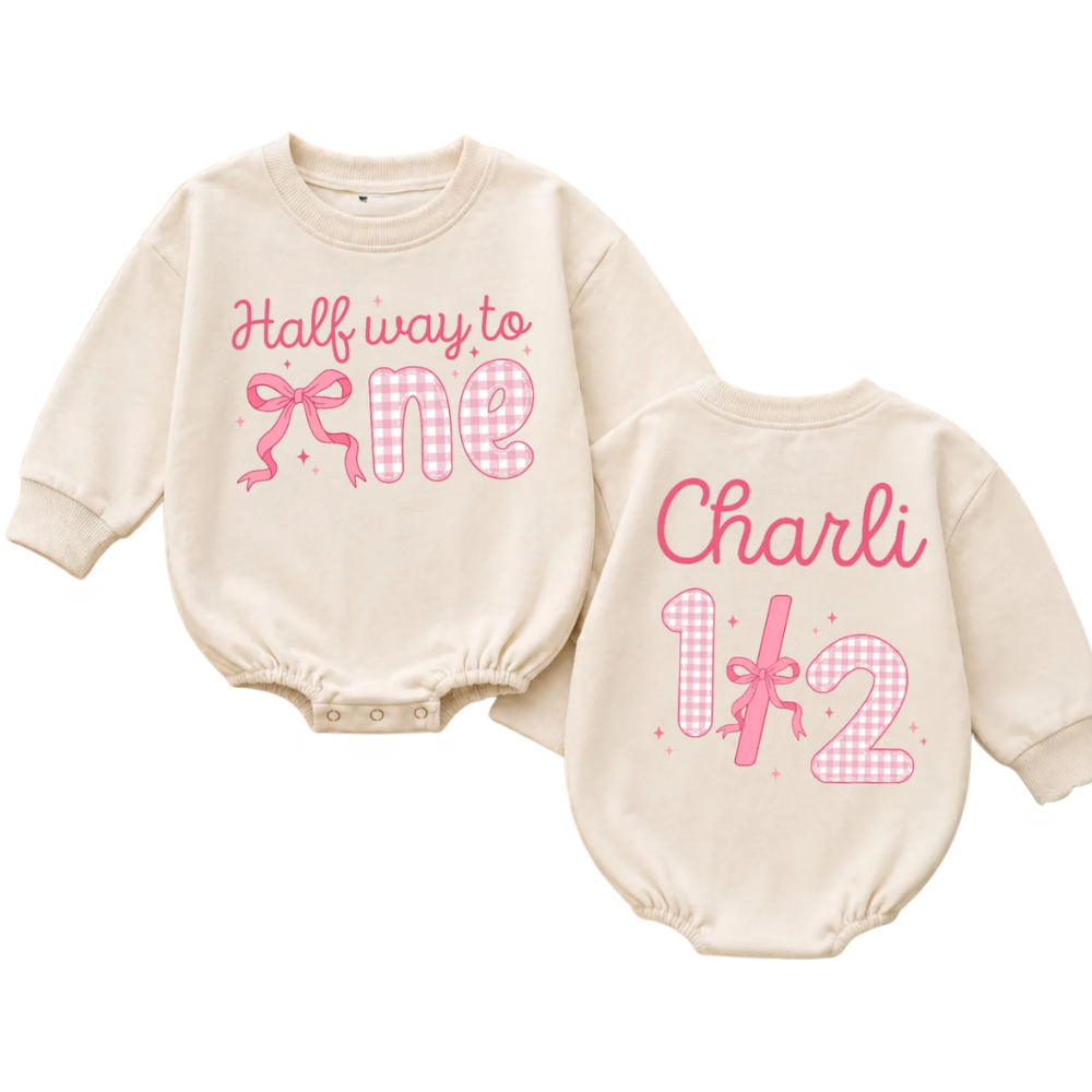 Custom Half Way To One Pink Bow Baby Romper Sweatshirt, Custom 1/2 Birthday Romper Sweatshirt Baby BB0854