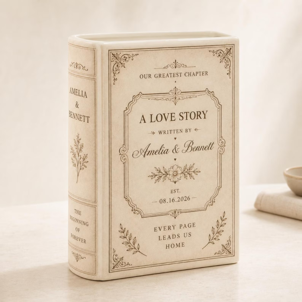 Our Greatest Chapter Custom Wedding Love Story Ceramic Book Vase, Custom Vintage Wedding Flower Vase WD0548