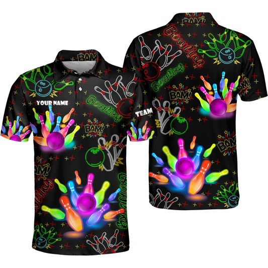 Colorful Neon Custom Name Bowling Polo Shirt For Men, Custom Neon Bowling Team Shirt BZ0472