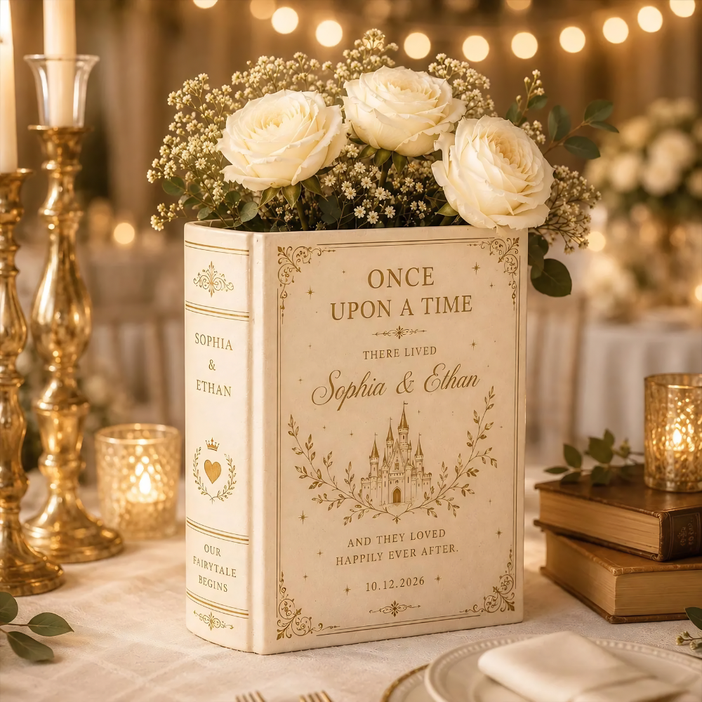 Custom Once Upon A Time There Lived Fairytale Castle Wedding Ceramic Book Vase, Custom Wedding Engagement Book Vase WD0571