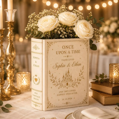 Custom Once Upon A Time There Lived Fairytale Castle Wedding Ceramic Book Vase, Custom Wedding Engagement Book Vase WD0571