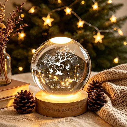 One Life One Love Custom Tree Heart Crystal Ball Led Night Light With Couple Name, Custom Wedding Led Night Light WD0820