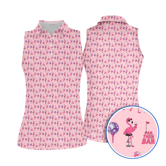 Par The Bar Disco Flamingo Sleeveless Golf Shirt For Ladies, Fun Flamingo Golf Shirt Wome GE0435n