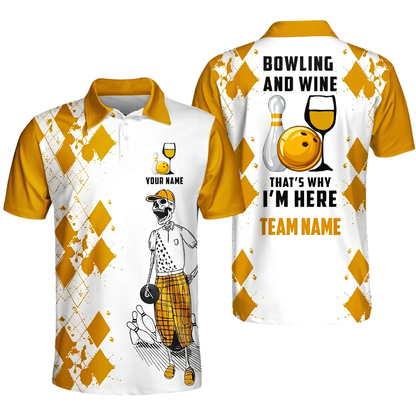 Bowling And Wine That's Why I'm Here Custom Skeleton Argyle Yellow Bowling Polo Shirt Men, Custom Wine Bowling Team Shirt BZ0470