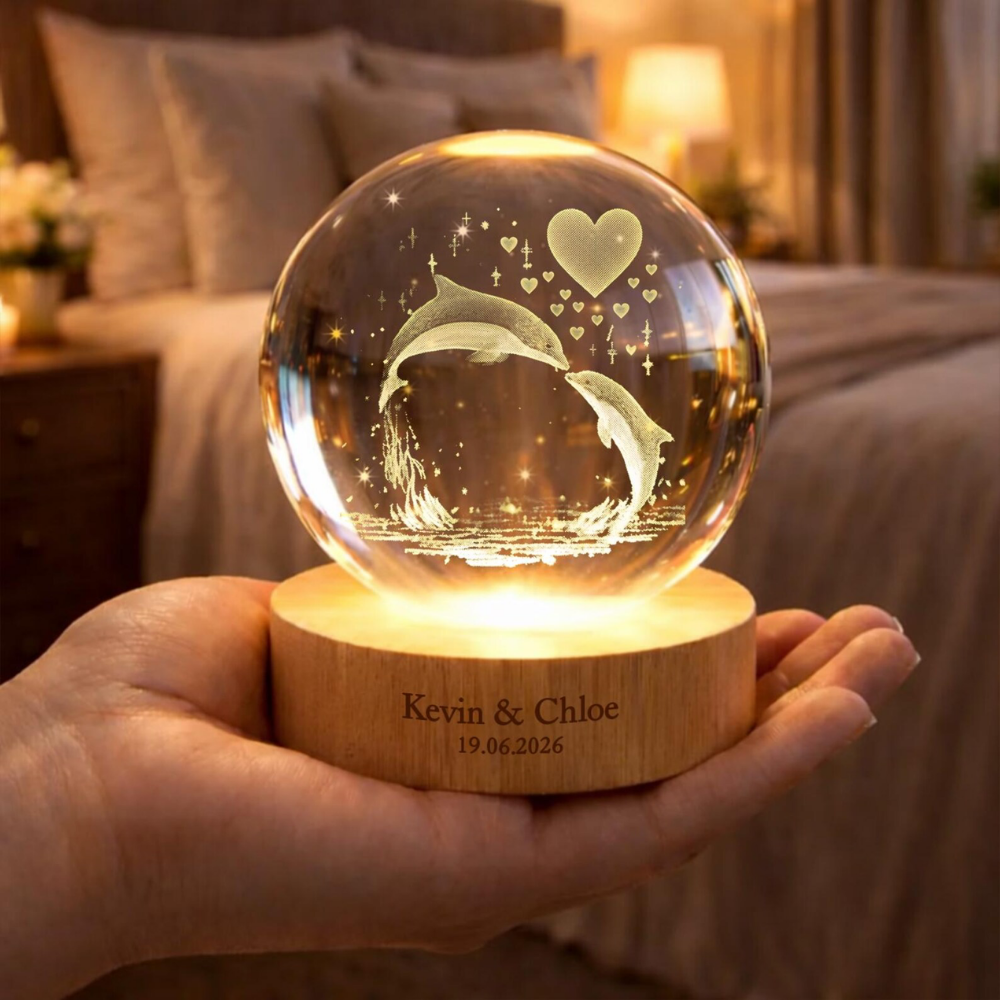 Custom Dolphin Couple Crystal Ball Led Night Light, Custom Dolphin Wedding Keepsake Night Light WD0868
