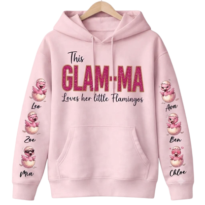 This Glam-ma Loves Her Little Flamingos Custom Grandkids Names Hoodies For Grandma, Custom Flamingo Grandmother Hoodies 2D1262