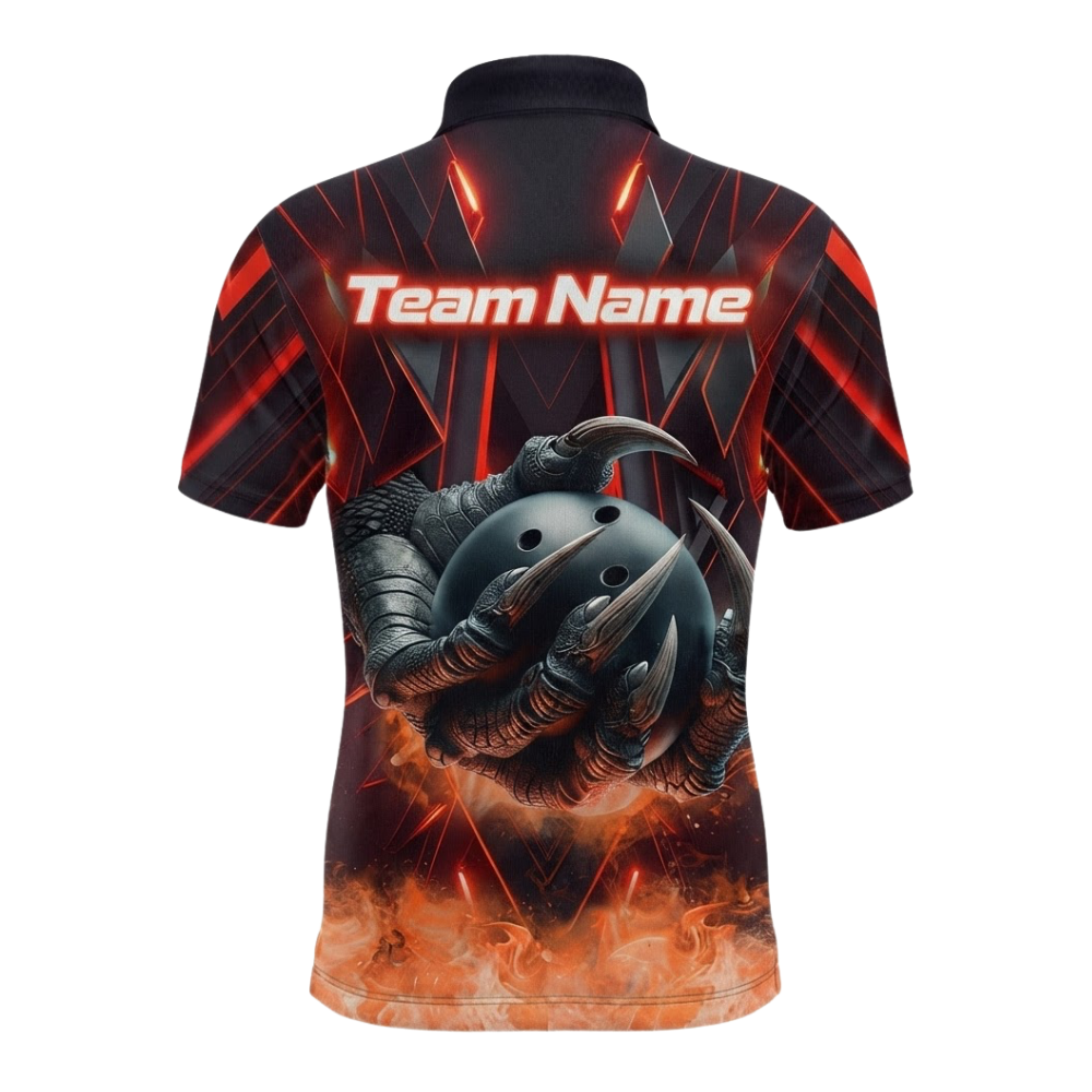 Custom Dragon Flame Mens Bowling Polo Shirt Black Red, Custom Dragon Bowling Shirts For Team BZ0594