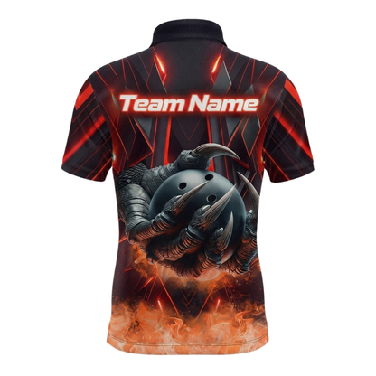 Custom Dragon Flame Mens Bowling Polo Shirt Black Red, Custom Dragon Bowling Shirts For Team BZ0594