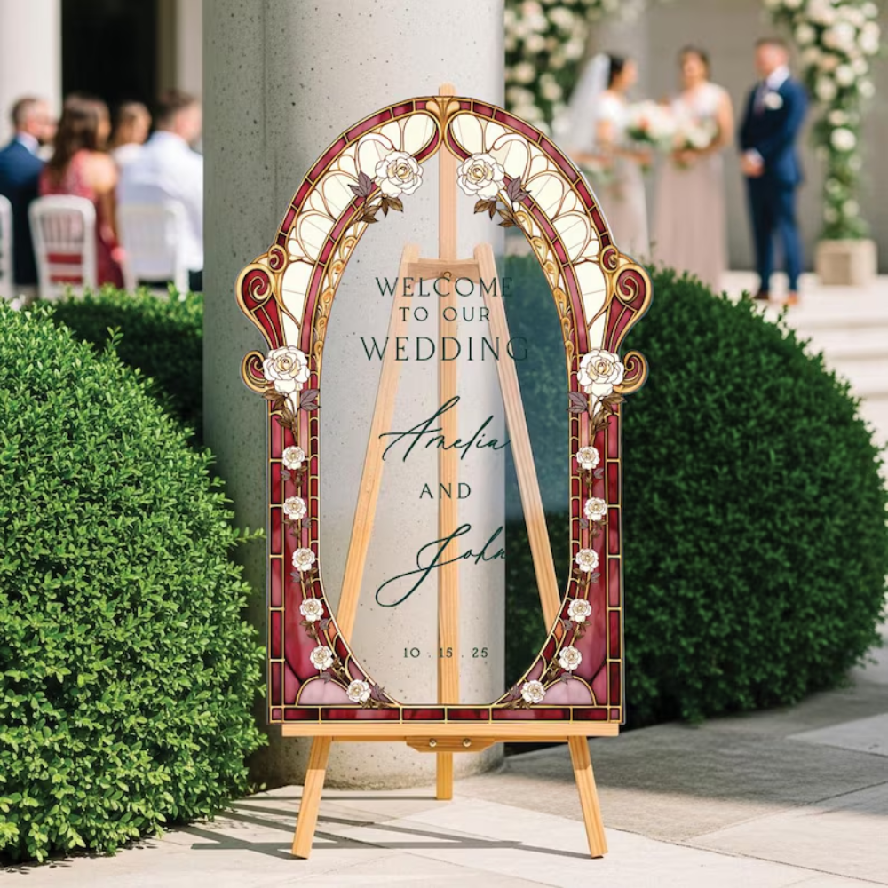 Custom Wedding Burgundy Red Stained Glass Floral Welcome Acrylic Sign, Custom Stained Glass Welcome Sign For Wedding WD0664