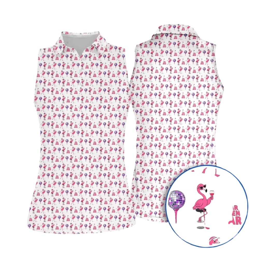 Par The Bar Disco Flamingo Sleeveless Golf Shirt For Ladies, Fun Flamingo Golf Shirt Wome GE0435