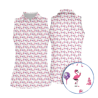 Par The Bar Disco Flamingo Sleeveless Golf Shirt For Ladies, Fun Flamingo Golf Shirt Wome GE0435