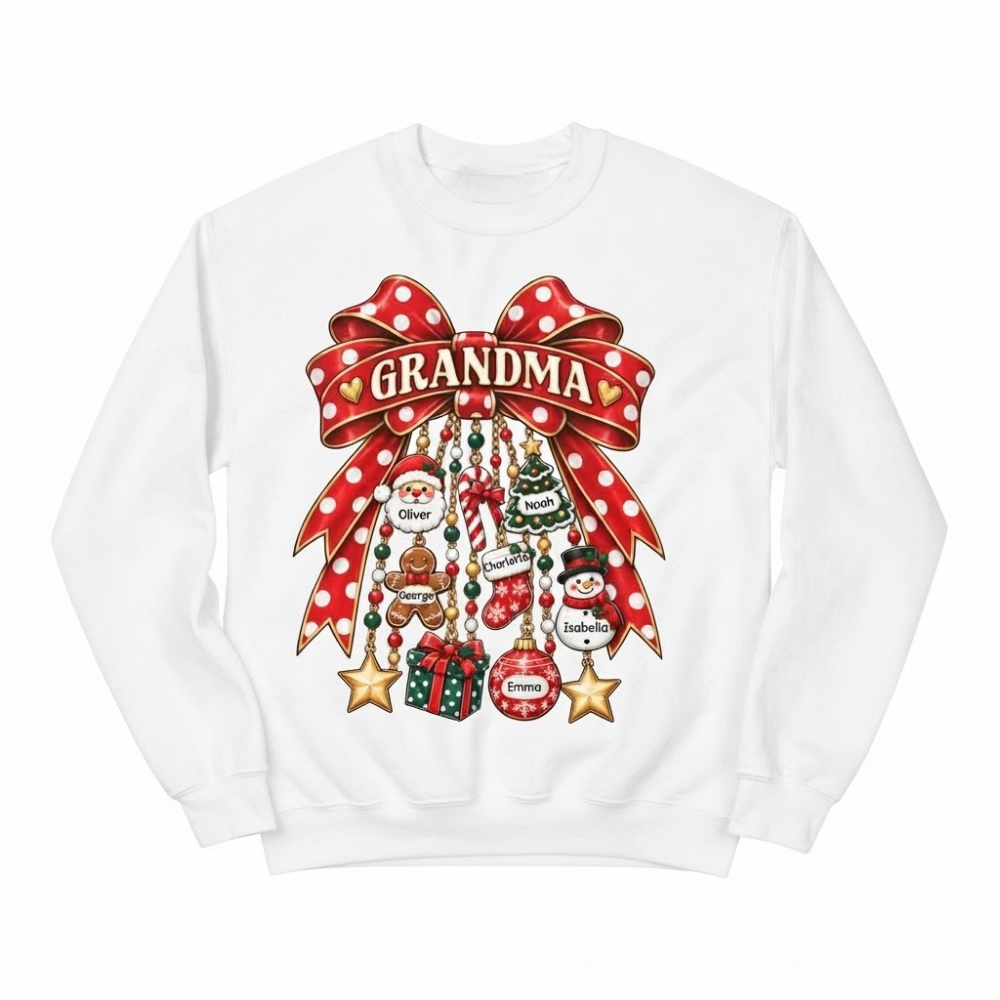 Custom Grandma Christmas Bow Sweatshirt With Grandkids Names, Personalized Christmas Grandmother Sweatshirt 2D1263