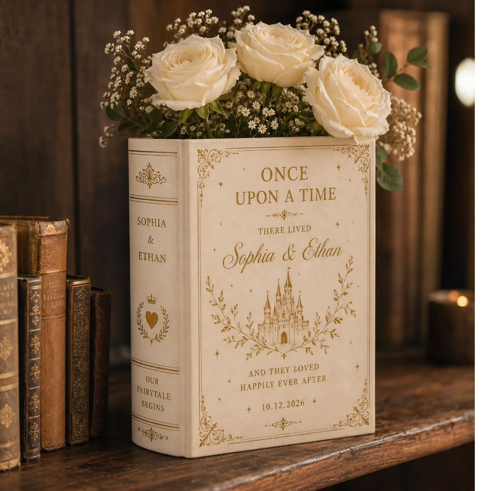 Custom Once Upon A Time There Lived Fairytale Castle Wedding Ceramic Book Vase, Custom Wedding Engagement Book Vase WD0571