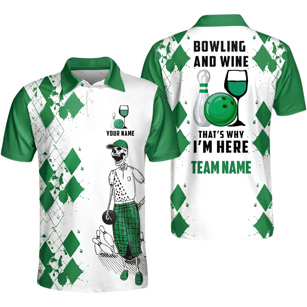 Bowling And Wine That's Why I'm Here Custom Skeleton Argyle Yellow Bowling Polo Shirt Men, Custom Wine Bowling Team Shirt BZ0470
