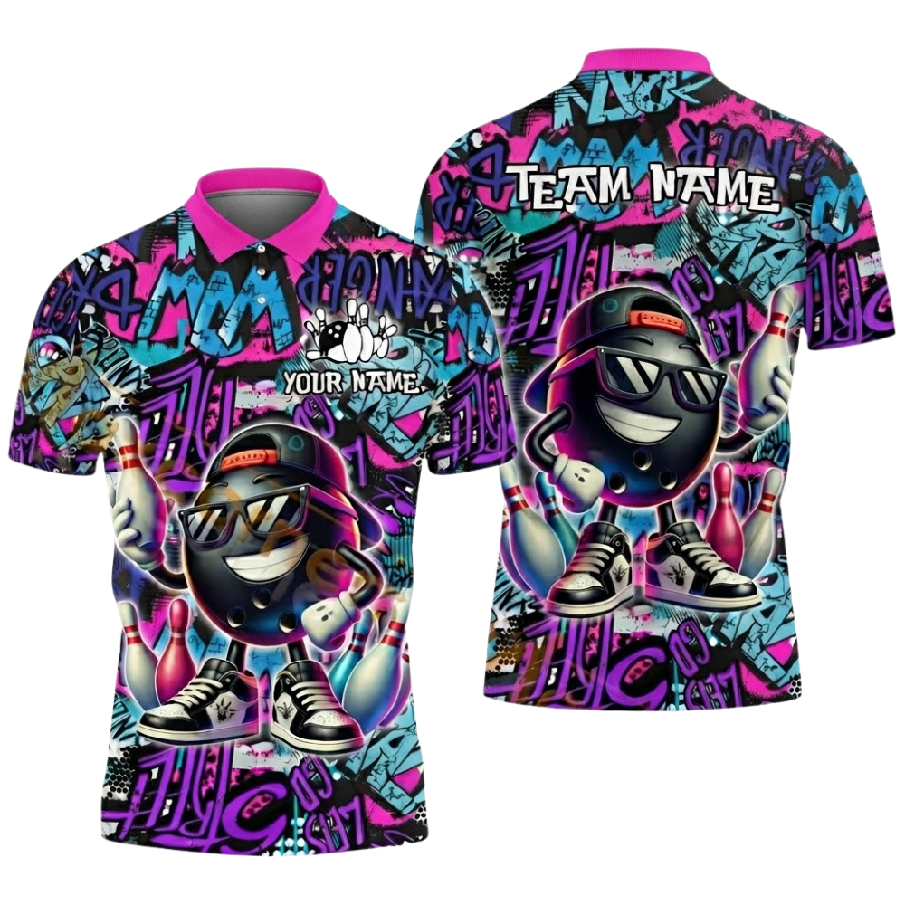 Custom Funny Ball Graffiti Mens Bowling Polo Shirt, Custom Team Graffiti Bowling Shirts BZ0531