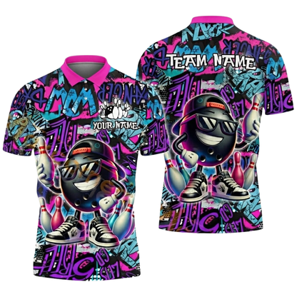 Custom Funny Ball Graffiti Mens Bowling Polo Shirt, Custom Team Graffiti Bowling Shirts BZ0531