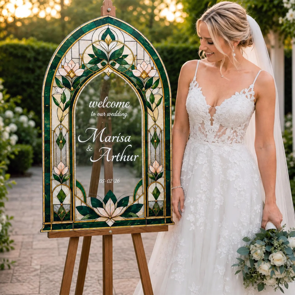 Custom Emerald Green Wedding Floral Stained Glass Welcome Acrylic Sign, Personalized Stained Glass Wedding Sign WD0665
