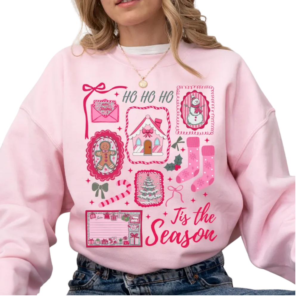 Tis The Season Pink Christmas Sweatshirt For Women, Christmas Pink Sweatshirts 2D0890