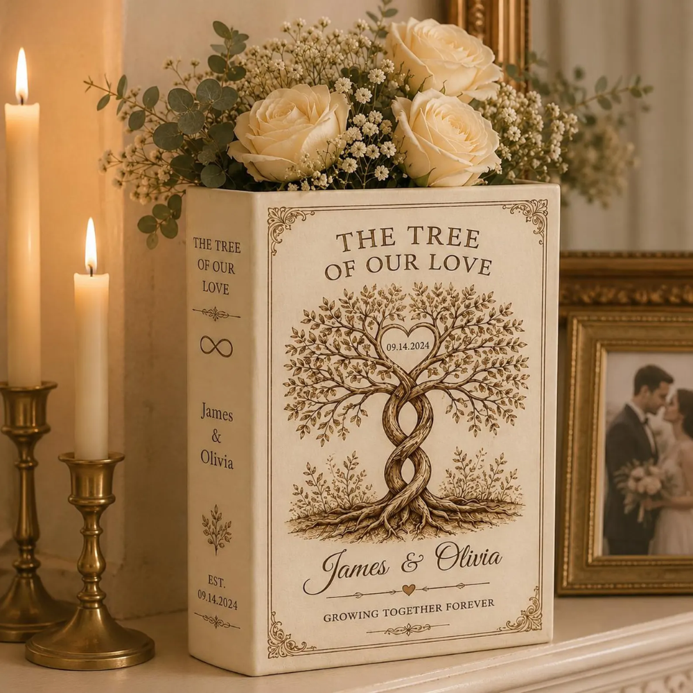 The Tree Of Our Love Growing Together Forever Custom Wedding Anniversary Ceramic Book Vase, Custom Couple Heart Tree Book Vase For Wedding WD0558