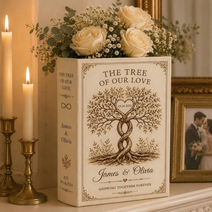 The Tree Of Our Love Growing Together Forever Custom Wedding Anniversary Ceramic Book Vase, Custom Couple Heart Tree Book Vase For Wedding WD0558