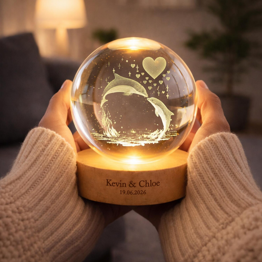 Custom Dolphin Couple Crystal Ball Led Night Light, Custom Dolphin Wedding Keepsake Night Light WD0868