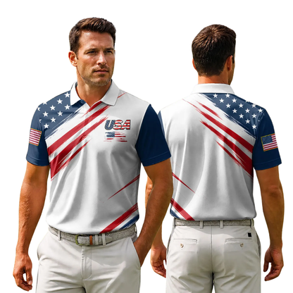 Red White And Blue USA Flag Golf Polo Shirt For Men, 4th Of July Patriotic Golf Shirt GE0512