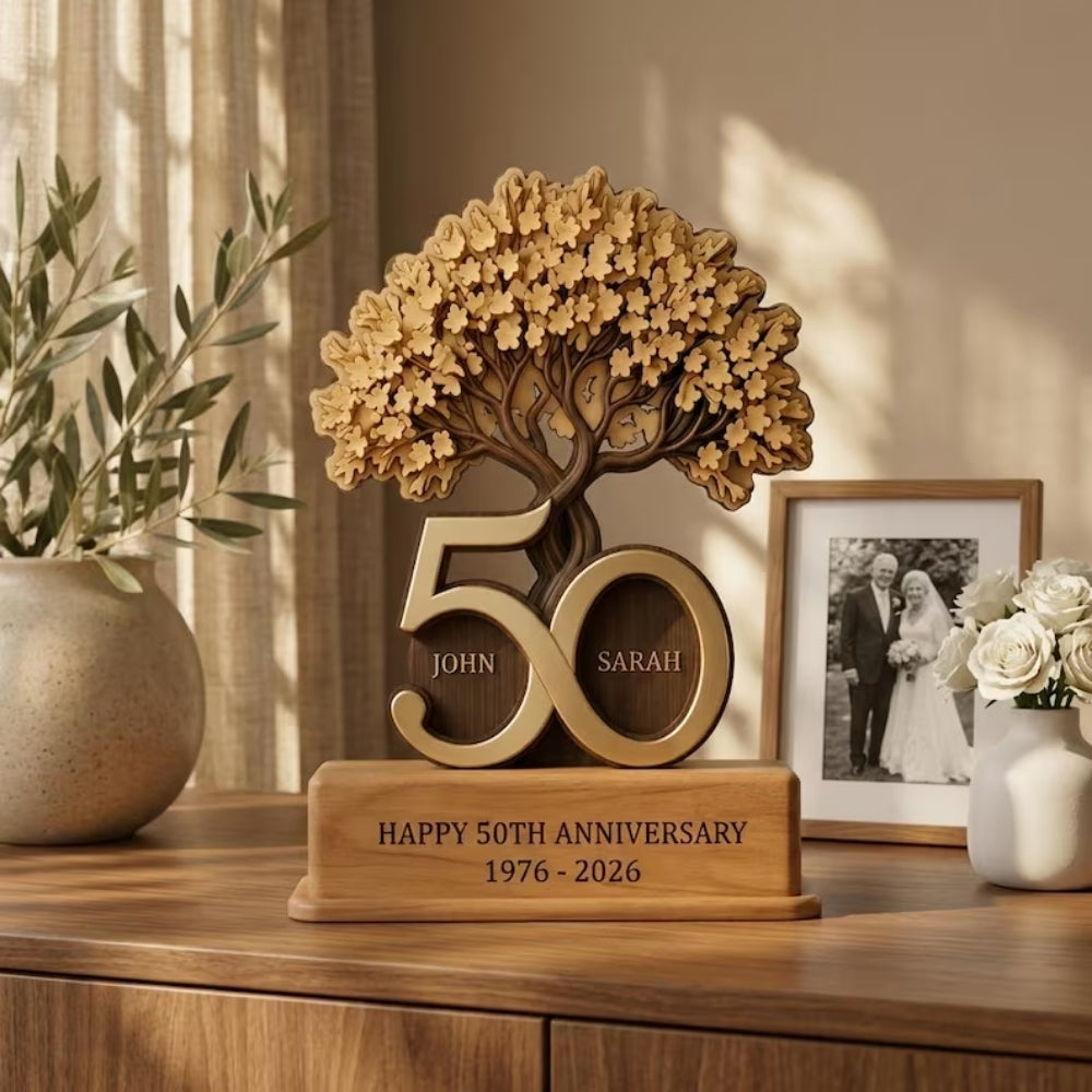 Happy 50th Anniversary Custom Tree Wooden Plaque, Custom Golden Wedding Anniversary Wooden Block WD0779