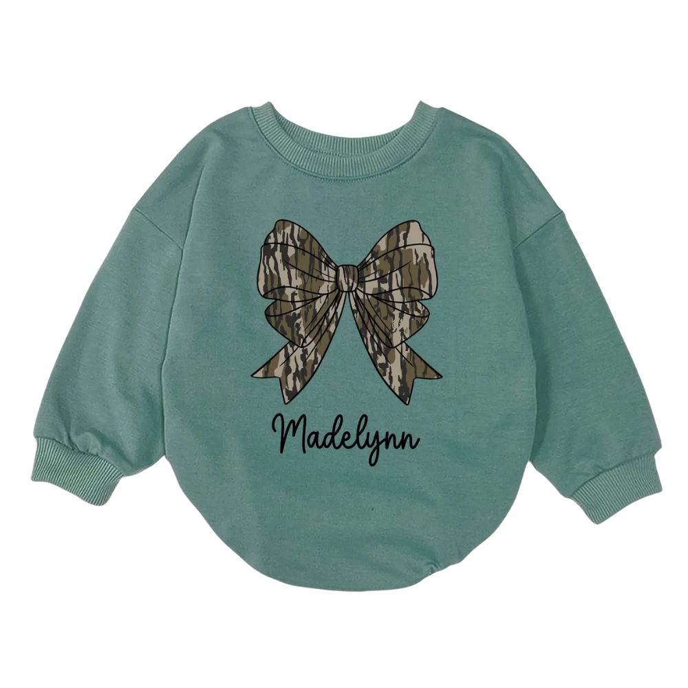 Personalised Camo Coquette Bow Baby Romper Sweatshirt, Custom Name Camo Coquette Romper Sweatshirt BB0132