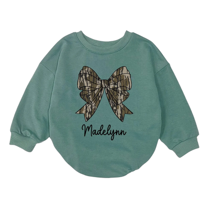 Personalised Camo Coquette Bow Baby Romper Sweatshirt, Custom Name Camo Coquette Romper Sweatshirt BB0132