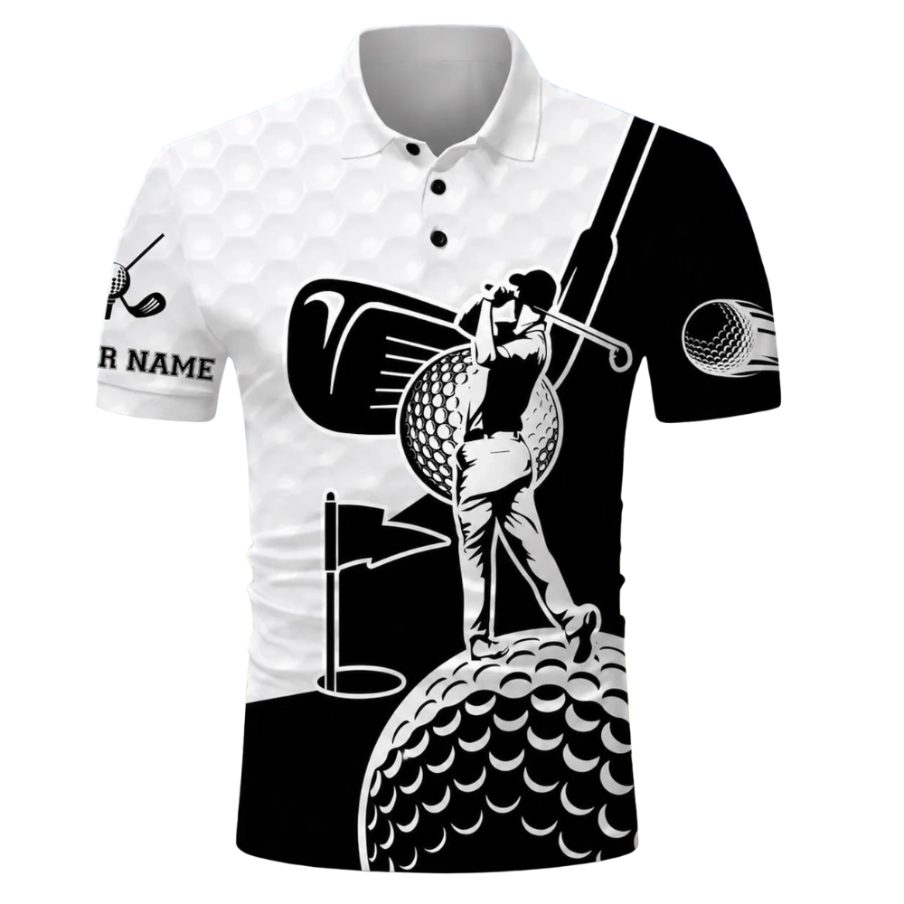 Swinging Golfer Custom Mens Black White Golf Polo Shirt, Custom Name Golf Shirts GE0558