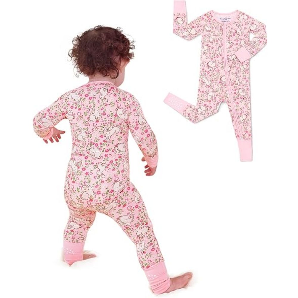Bunny Floral Baby Convertible Zipper Romper, Rabbit Bunny Baby Convertible Romper BB0380