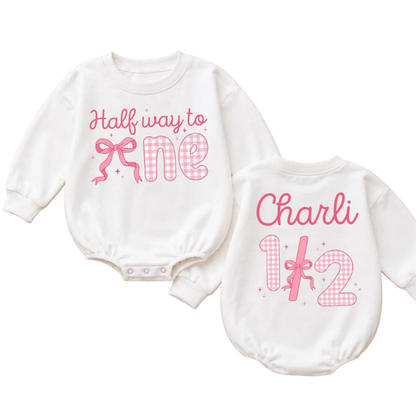 Custom Half Way To One Pink Bow Baby Romper Sweatshirt, Custom 1/2 Birthday Romper Sweatshirt Baby BB0854