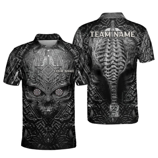Custom Skull Black Grey Dart Polo Shirt Men, Custom Skull Darts Team Shirts DZ0078