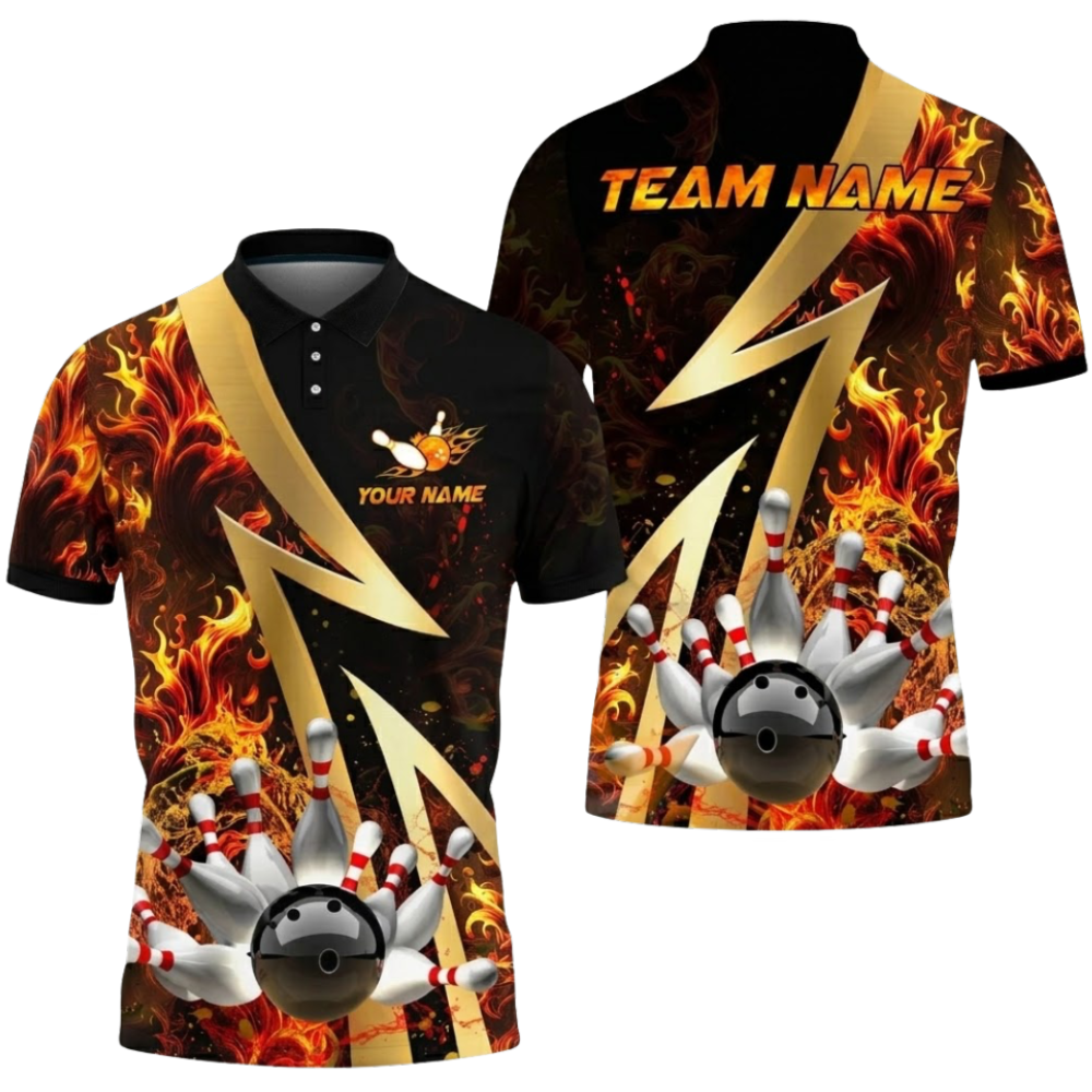 Blue Flame Custom Mens 3D Bowling Polo Shirt, Custom Flame Bowling Team Shirts BZ0557