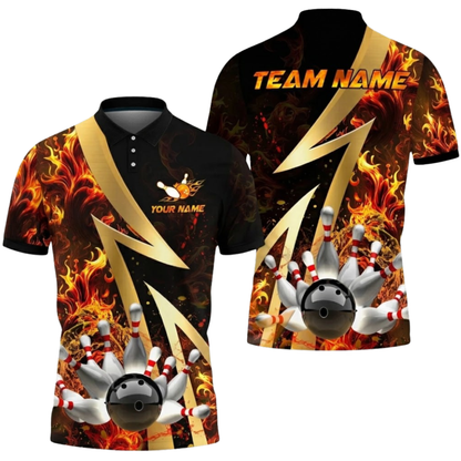Blue Flame Custom Mens 3D Bowling Polo Shirt, Custom Flame Bowling Team Shirts BZ0557