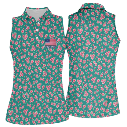 Custom Azalea Flowers Green Golf Sleeveless Shirt For Womens, Custom Floral Golf Shirt Ladies GE0546