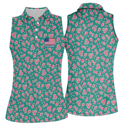 Custom Azalea Flowers Green Golf Sleeveless Shirt For Womens, Custom Floral Golf Shirt Ladies GE0546