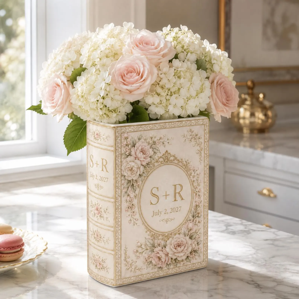 Custom Couple Initials Pearl Floral Wedding Ceramic Book Vase, Personalized Floral Book Vase For Wedding Engagement WD0616