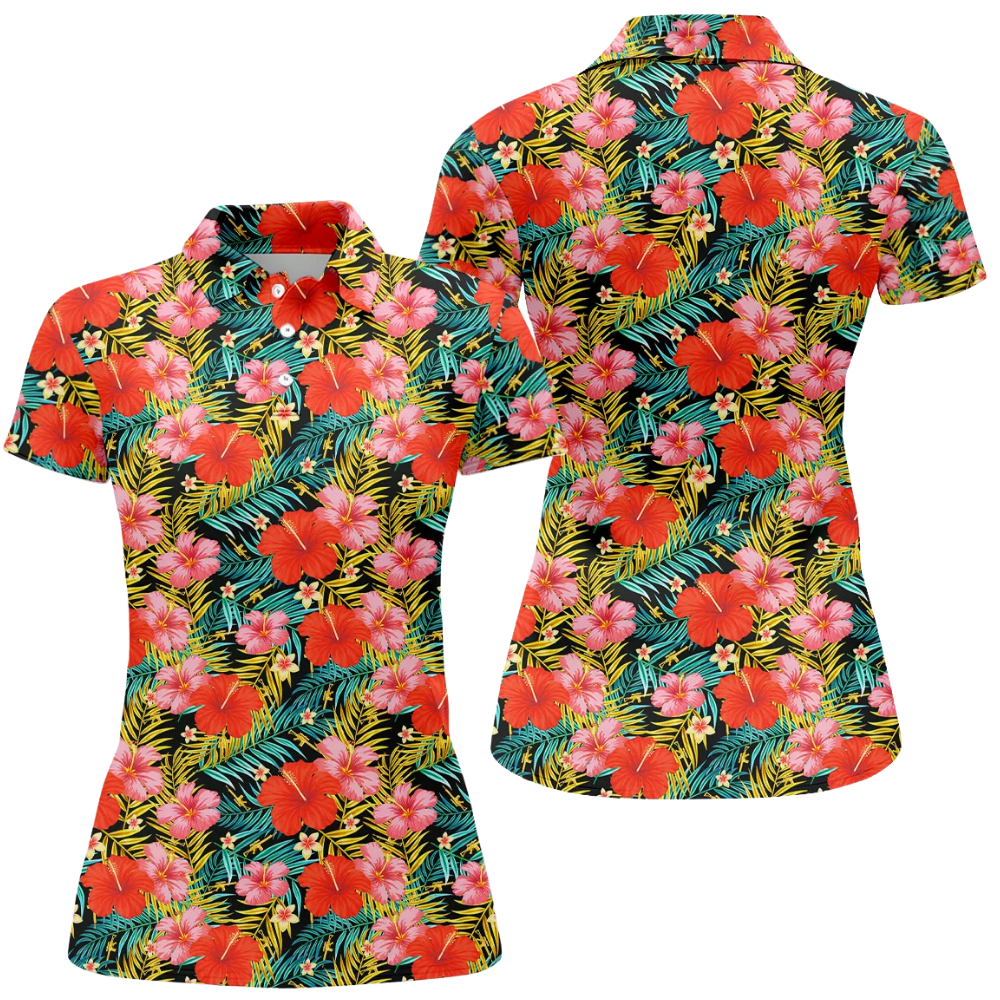 Red Hibiscus Golf Polo Shirt For Ladies, Tropical Floral Golf Shirt For Women GZ0357