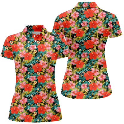 Red Hibiscus Golf Polo Shirt For Ladies, Tropical Floral Golf Shirt For Women GZ0357
