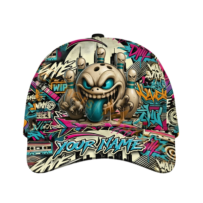 Custom Bowling Funny Pins And Ball Graffiti Baseball Cap, Custom Bowling Cap Hat CP0696