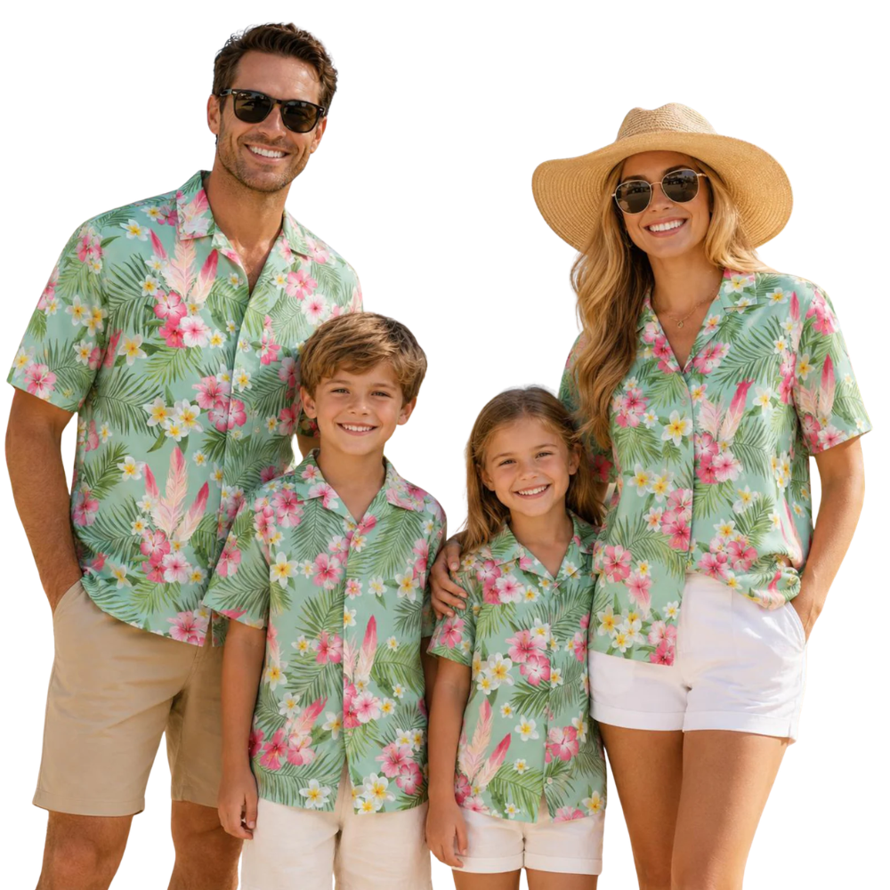 Tropical Pink Green Family Hawaiian Shirt, Matching Tropical Family Shirts ET1217