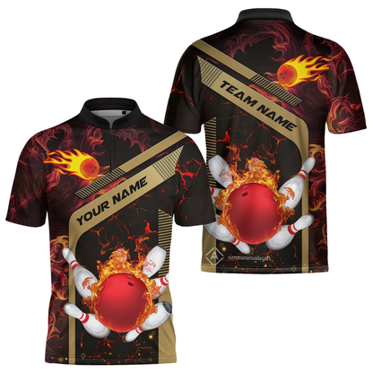 Flaming Ball Custom Red Gold Bowling Jersey For Mens, Custom Flame Bowling Shirts Team BZ0578